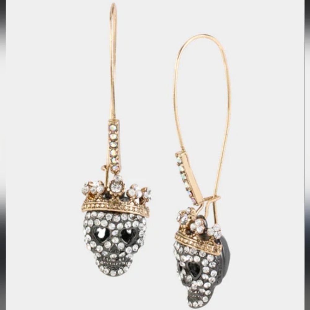 Betsey Johnson Gothic Skull Crown Gold & Silver Dangle Drop Hoop Earrings